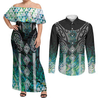 Aotearoa Maori Iwi Heritage Couples Matching Off Shoulder Maxi Dress and Long Sleeve Button Shirt Ngati Kahungunu Paua Shell Turquoise LT7 Green Blue - Polynesian Pride