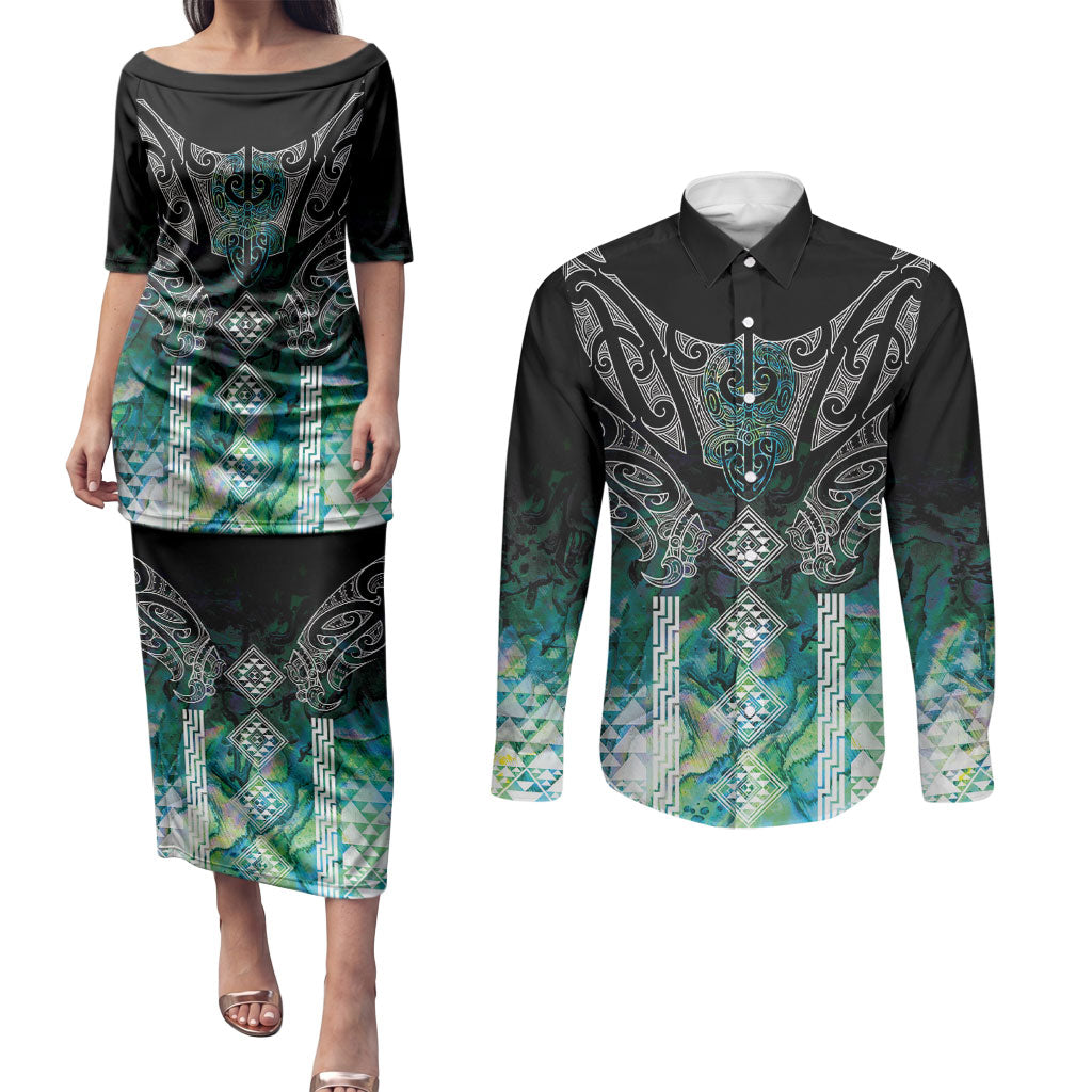 Aotearoa Maori Iwi Heritage Couples Matching Puletasi and Long Sleeve Button Shirt Ngati Kahungunu Paua Shell Turquoise LT7 Green Blue - Polynesian Pride