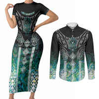 Aotearoa Maori Iwi Heritage Couples Matching Short Sleeve Bodycon Dress and Long Sleeve Button Shirt Ngati Kahungunu Paua Shell Turquoise LT7 Green Blue - Polynesian Pride