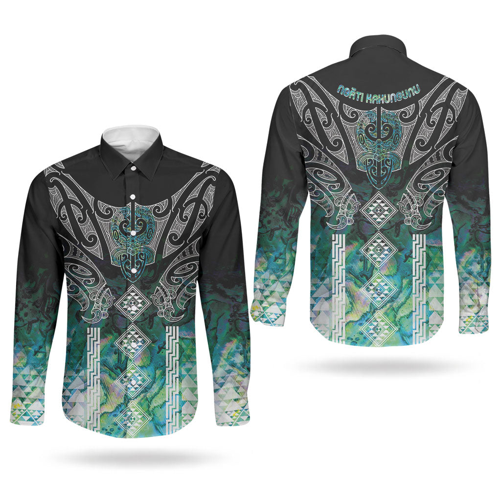 Aotearoa Maori Iwi Heritage Couples Matching Summer Maxi Dress and Long Sleeve Button Shirt Ngati Kahungunu Paua Shell Turquoise LT7 - Polynesian Pride