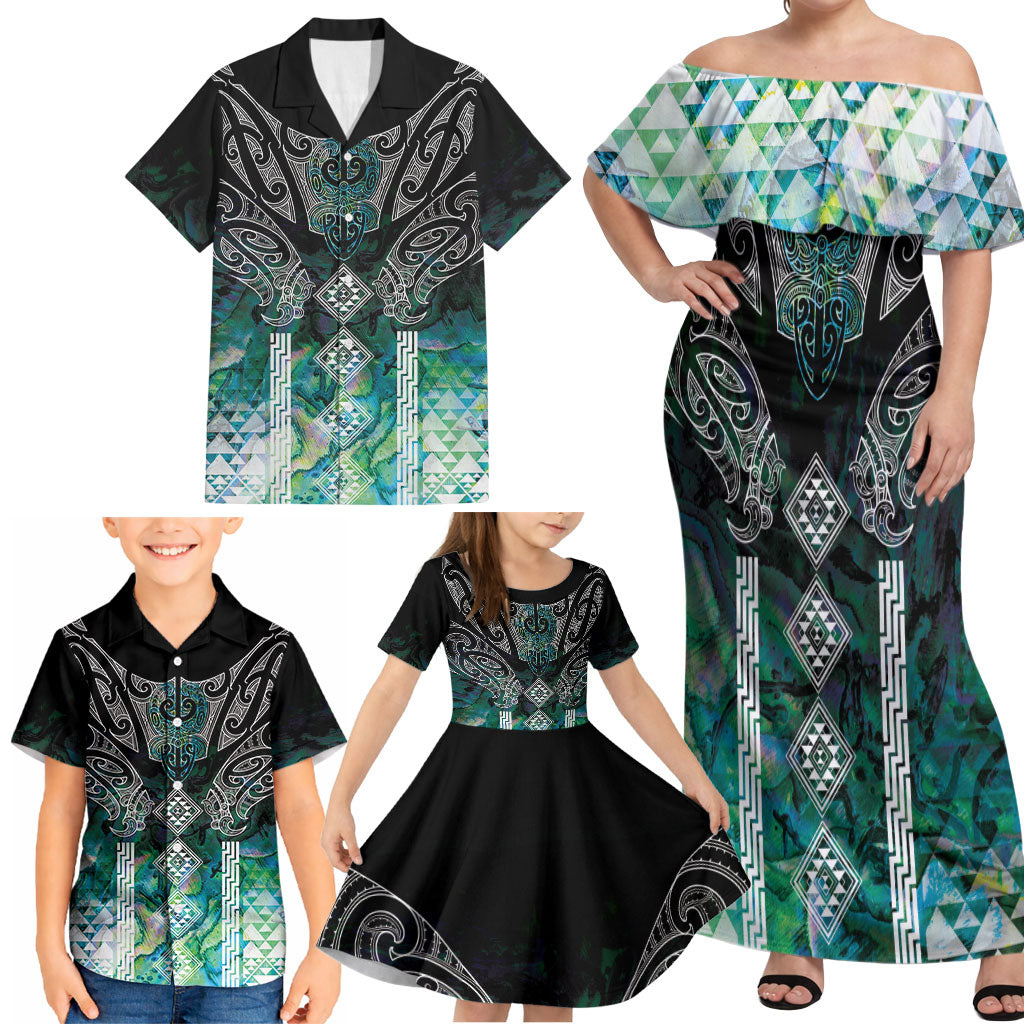 Aotearoa Maori Iwi Heritage Family Matching Off Shoulder Maxi Dress and Hawaiian Shirt Ngati Kahungunu Paua Shell Turquoise LT7 - Polynesian Pride