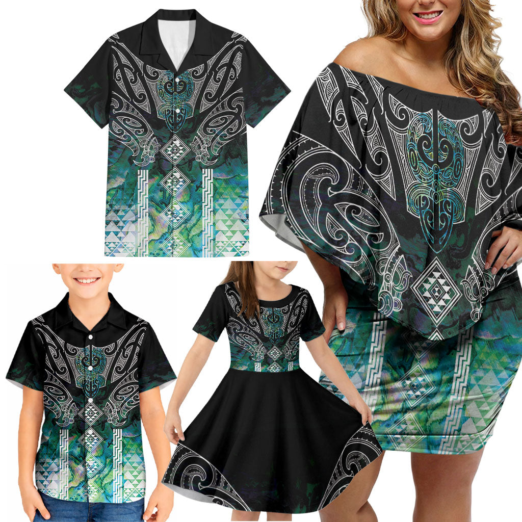 Aotearoa Maori Iwi Heritage Family Matching Off Shoulder Short Dress and Hawaiian Shirt Ngati Kahungunu Paua Shell Turquoise LT7 - Polynesian Pride