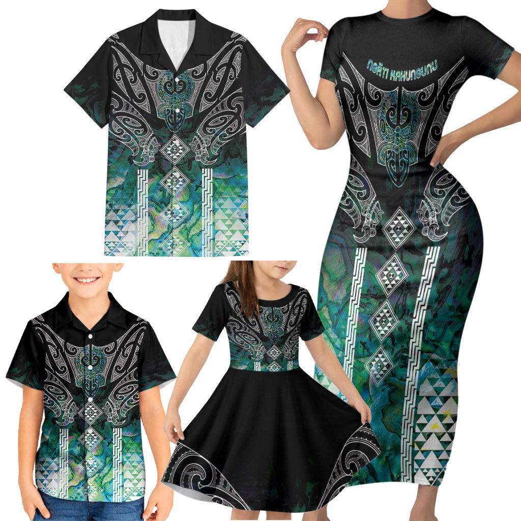 Aotearoa Maori Iwi Heritage Family Matching Short Sleeve Bodycon Dress and Hawaiian Shirt Ngati Kahungunu Paua Shell Turquoise LT7 - Polynesian Pride
