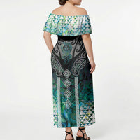 Aotearoa Maori Iwi Heritage Off Shoulder Maxi Dress Ngati Kahungunu Paua Shell Turquoise LT7 - Polynesian Pride