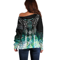 Aotearoa Maori Iwi Heritage Off Shoulder Sweater Ngati Kahungunu Paua Shell Turquoise LT7 - Polynesian Pride