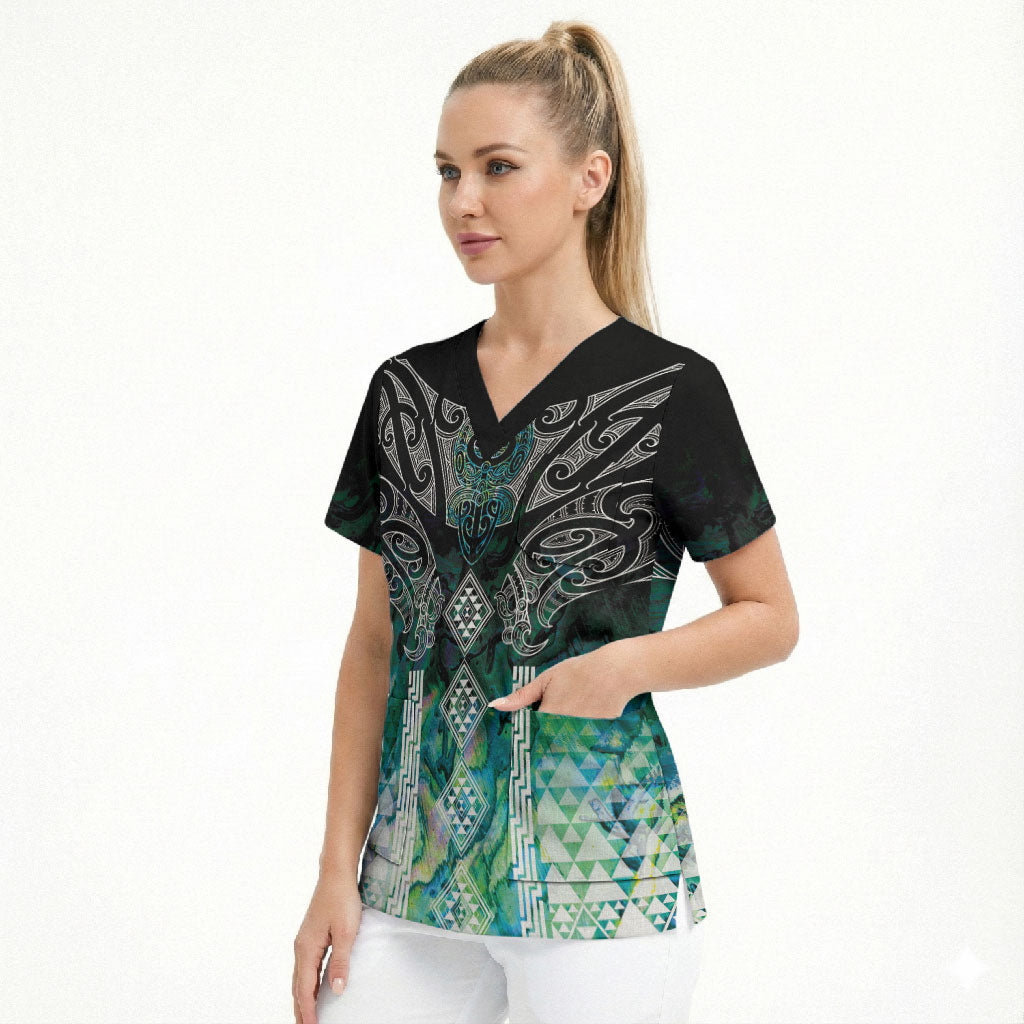 Aotearoa Maori Iwi Heritage Scrub Top Ngati Kahungunu Paua Shell Turquoise LT7 - Polynesian Pride