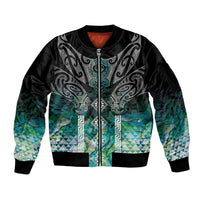 Aotearoa Maori Iwi Heritage Sleeve Zip Bomber Jacket Ngati Kahungunu Paua Shell Turquoise LT7 Unisex Green Blue - Polynesian Pride