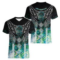 Aotearoa Maori Iwi Heritage Women V-Neck T-Shirt Ngati Kahungunu Paua Shell Turquoise LT7 - Polynesian Pride
