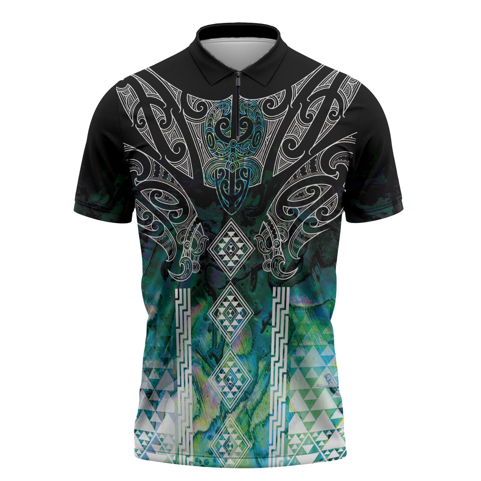Aotearoa Maori Iwi Heritage Zipper Polo Shirt Ngati Kahungunu Paua Shell Turquoise