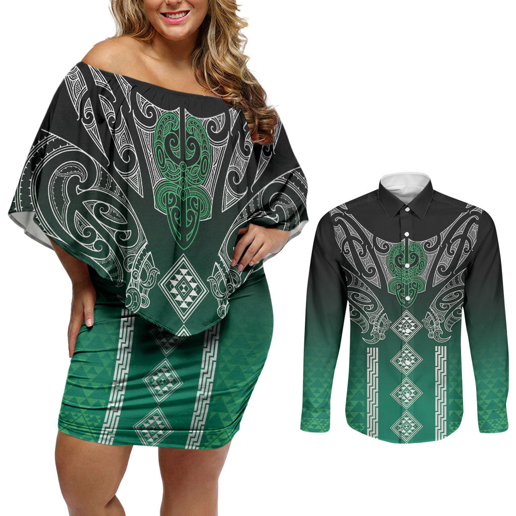 Aotearoa Maori Iwi Heritage Couples Matching Off Shoulder Short Dress and Long Sleeve Button Shirt Ngai Tahu Pounamu Green LT7 Jade Green - Polynesian Pride