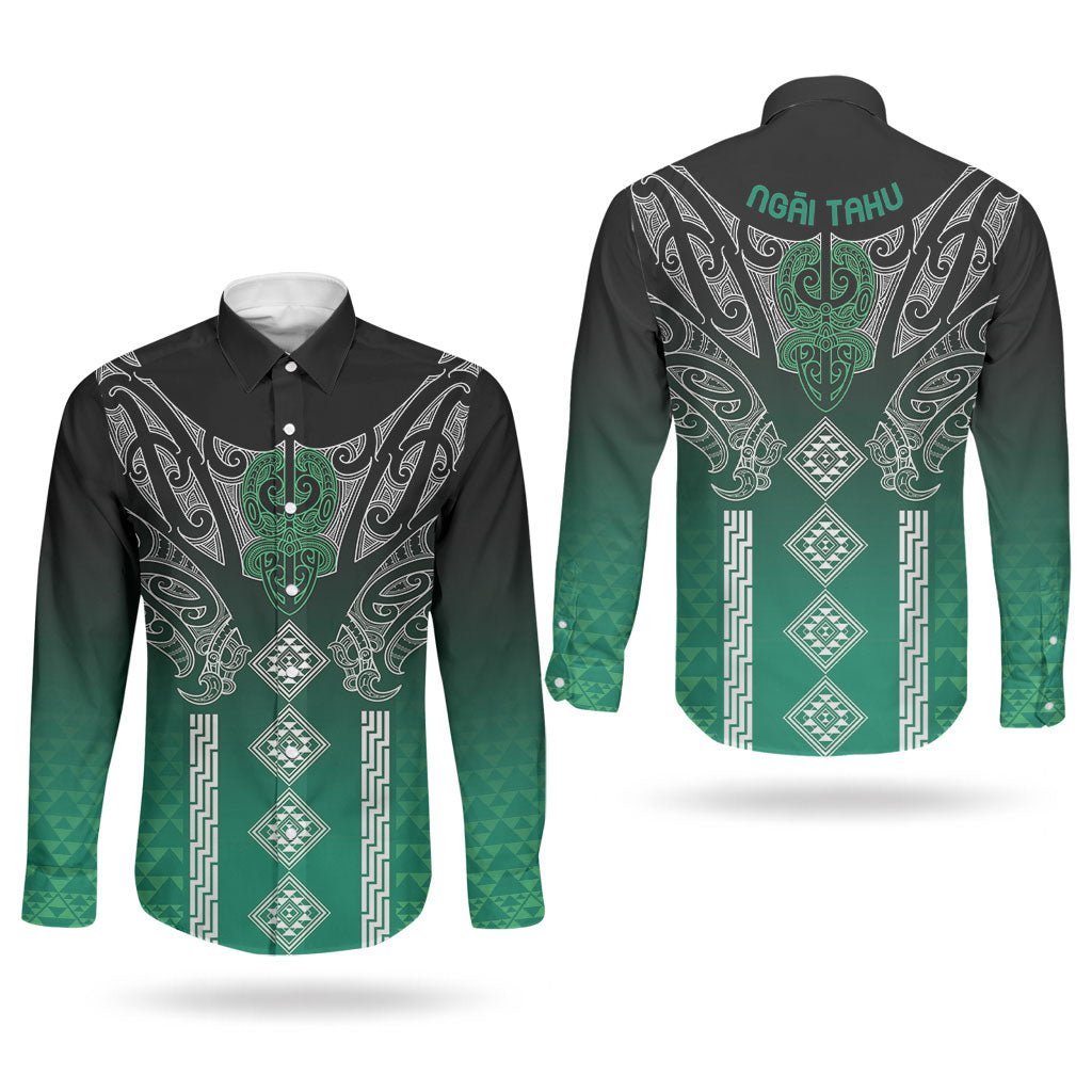 Aotearoa Maori Iwi Heritage Couples Matching Off Shoulder Short Dress and Long Sleeve Button Shirt Ngai Tahu Pounamu Green LT7 - Polynesian Pride