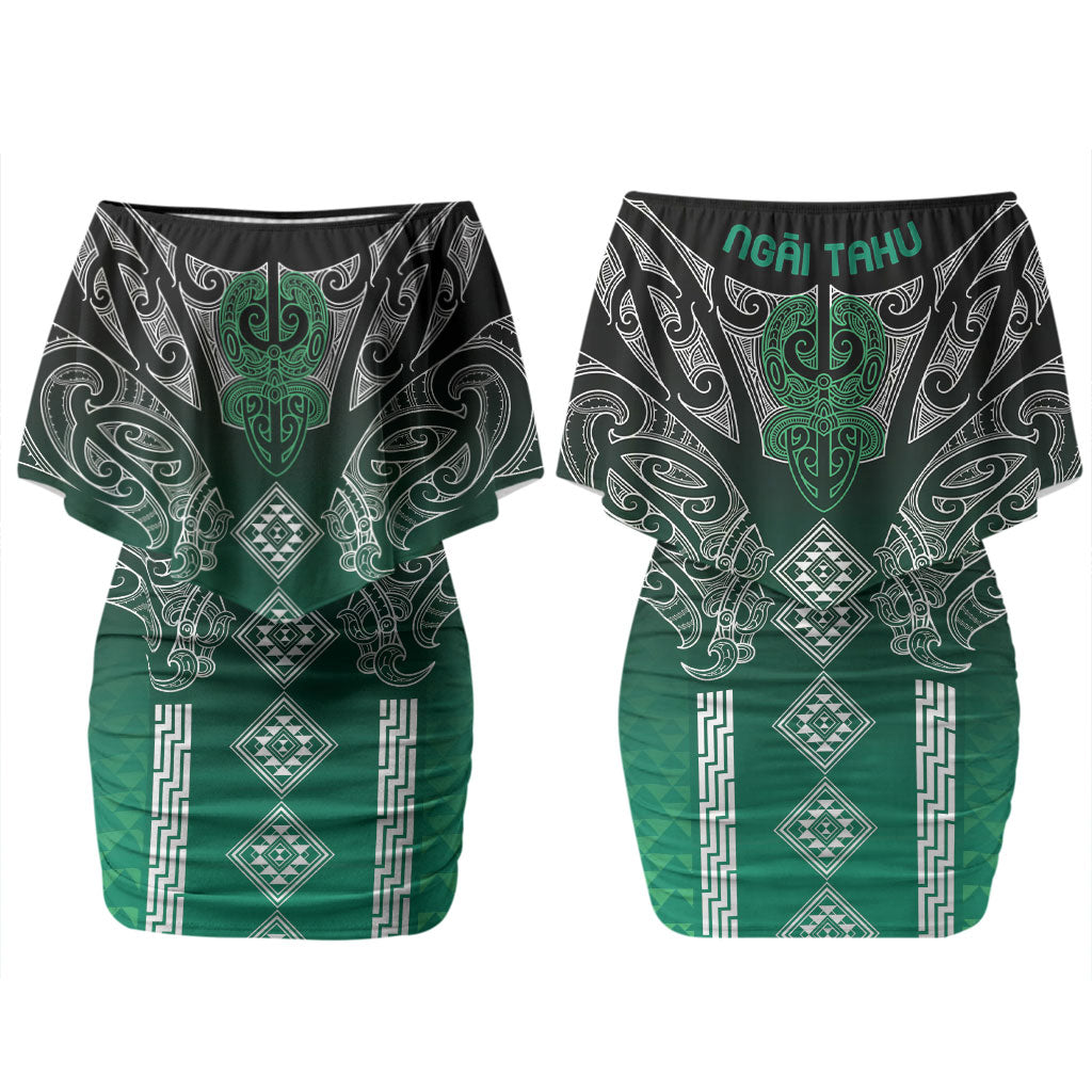 Aotearoa Maori Iwi Heritage Couples Matching Off Shoulder Short Dress and Long Sleeve Button Shirt Ngai Tahu Pounamu Green LT7 - Polynesian Pride