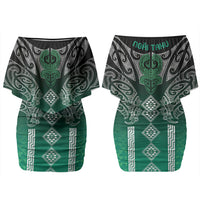 Aotearoa Maori Iwi Heritage Couples Matching Off Shoulder Short Dress and Long Sleeve Button Shirt Ngai Tahu Pounamu Green LT7 - Polynesian Pride