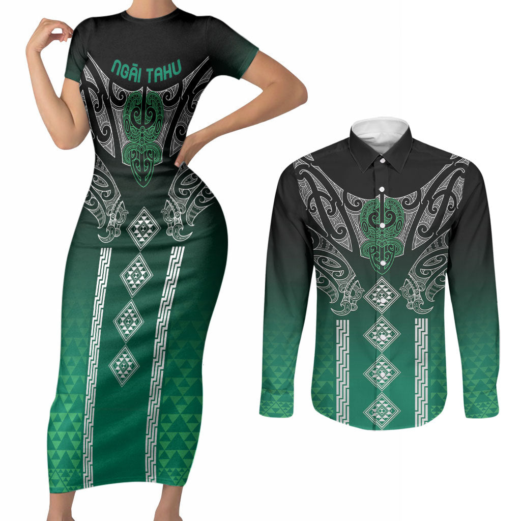 Aotearoa Maori Iwi Heritage Couples Matching Short Sleeve Bodycon Dress and Long Sleeve Button Shirt Ngai Tahu Pounamu Green LT7 Jade Green - Polynesian Pride