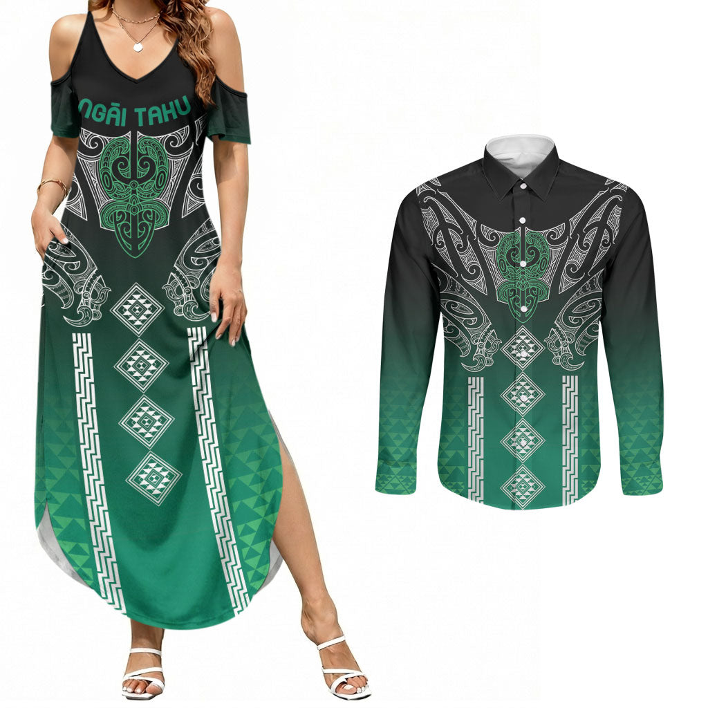 Aotearoa Maori Iwi Heritage Couples Matching Summer Maxi Dress and Long Sleeve Button Shirt Ngai Tahu Pounamu Green LT7 Jade Green - Polynesian Pride