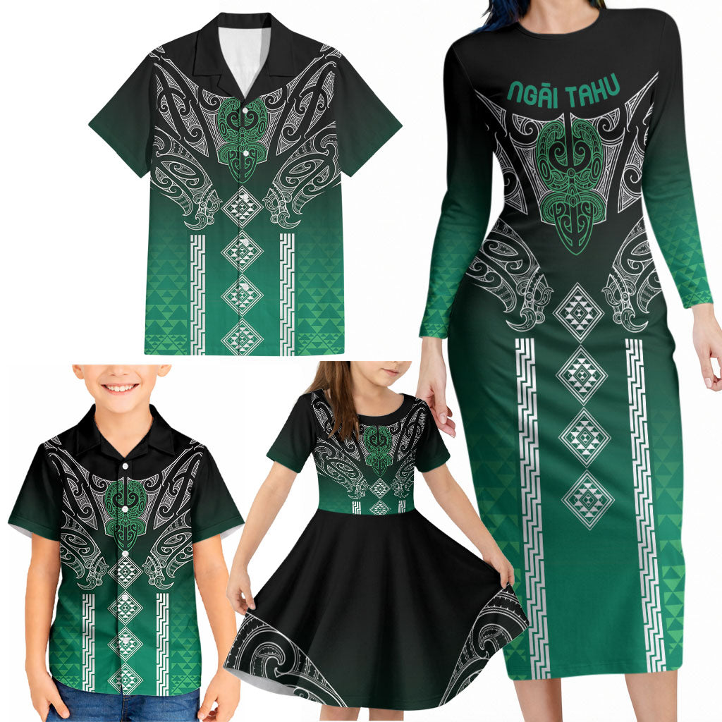 Aotearoa Maori Iwi Heritage Family Matching Long Sleeve Bodycon Dress and Hawaiian Shirt Ngai Tahu Pounamu Green LT7 - Polynesian Pride