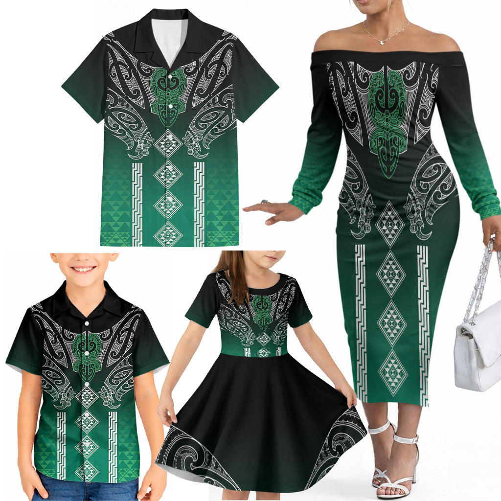Aotearoa Maori Iwi Heritage Family Matching Off The Shoulder Long Sleeve Dress and Hawaiian Shirt Ngai Tahu Pounamu Green LT7 - Polynesian Pride