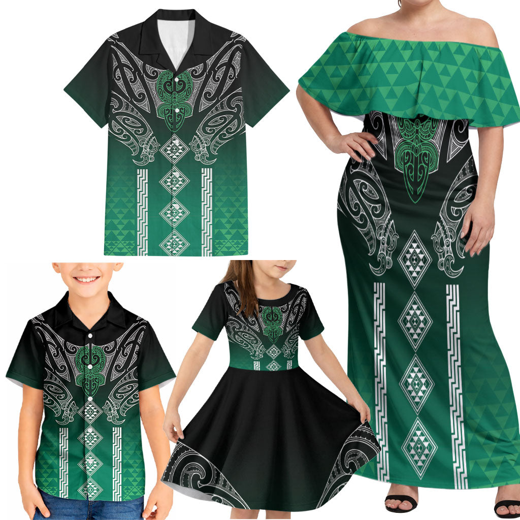 Aotearoa Maori Iwi Heritage Family Matching Off Shoulder Maxi Dress and Hawaiian Shirt Ngai Tahu Pounamu Green LT7 - Polynesian Pride