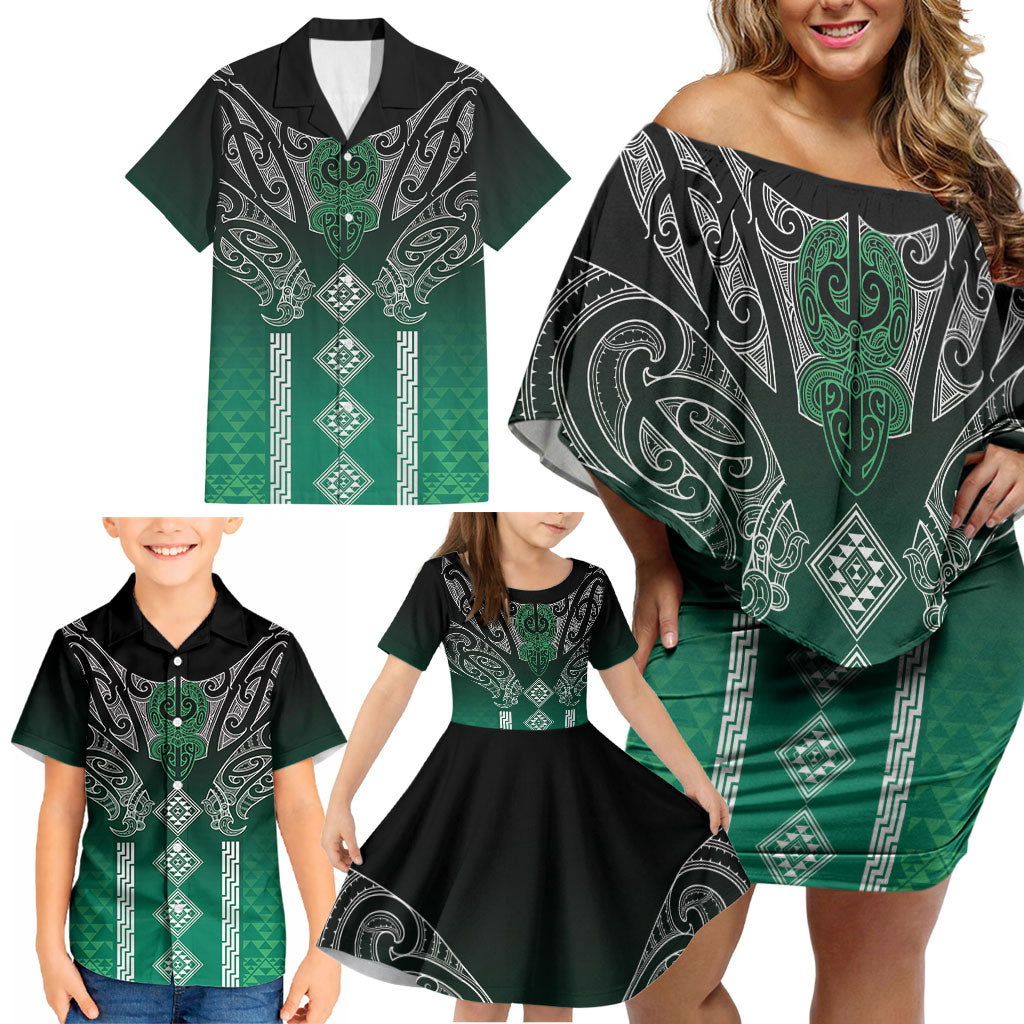 Aotearoa Maori Iwi Heritage Family Matching Off Shoulder Short Dress and Hawaiian Shirt Ngai Tahu Pounamu Green LT7 - Polynesian Pride
