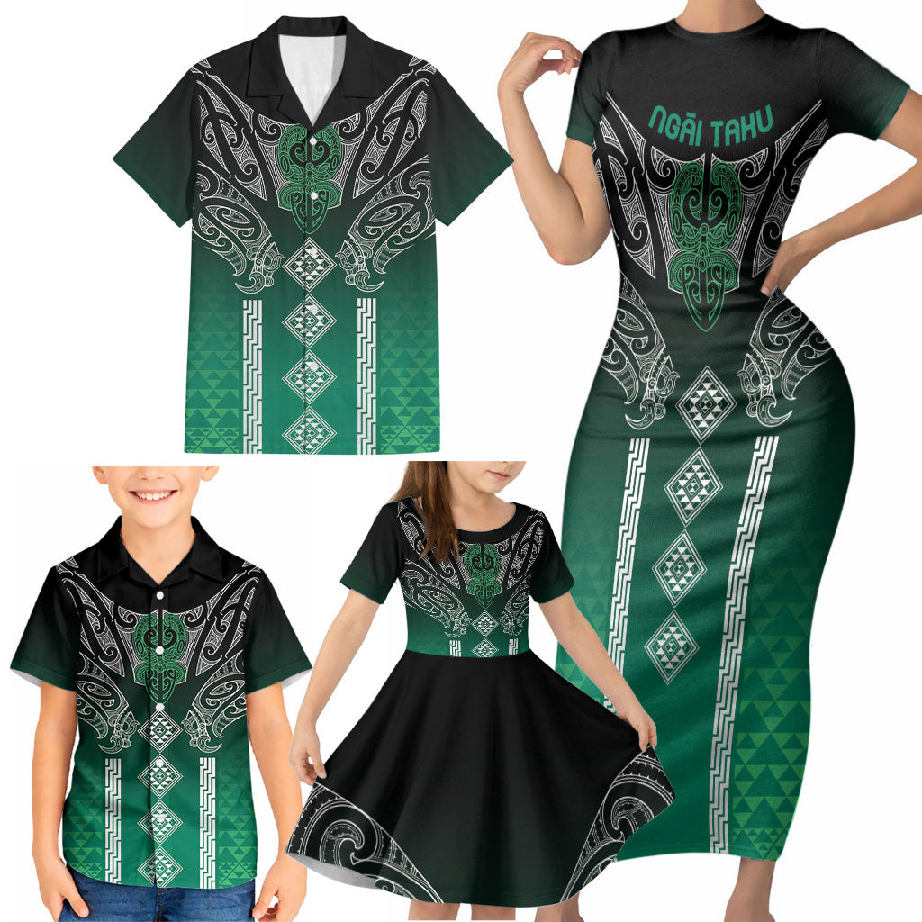 Aotearoa Maori Iwi Heritage Family Matching Short Sleeve Bodycon Dress and Hawaiian Shirt Ngai Tahu Pounamu Green LT7 - Polynesian Pride
