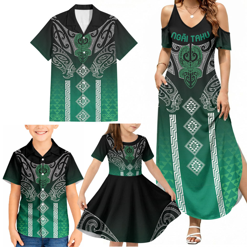 Aotearoa Maori Iwi Heritage Family Matching Summer Maxi Dress and Hawaiian Shirt Ngai Tahu Pounamu Green LT7 - Polynesian Pride