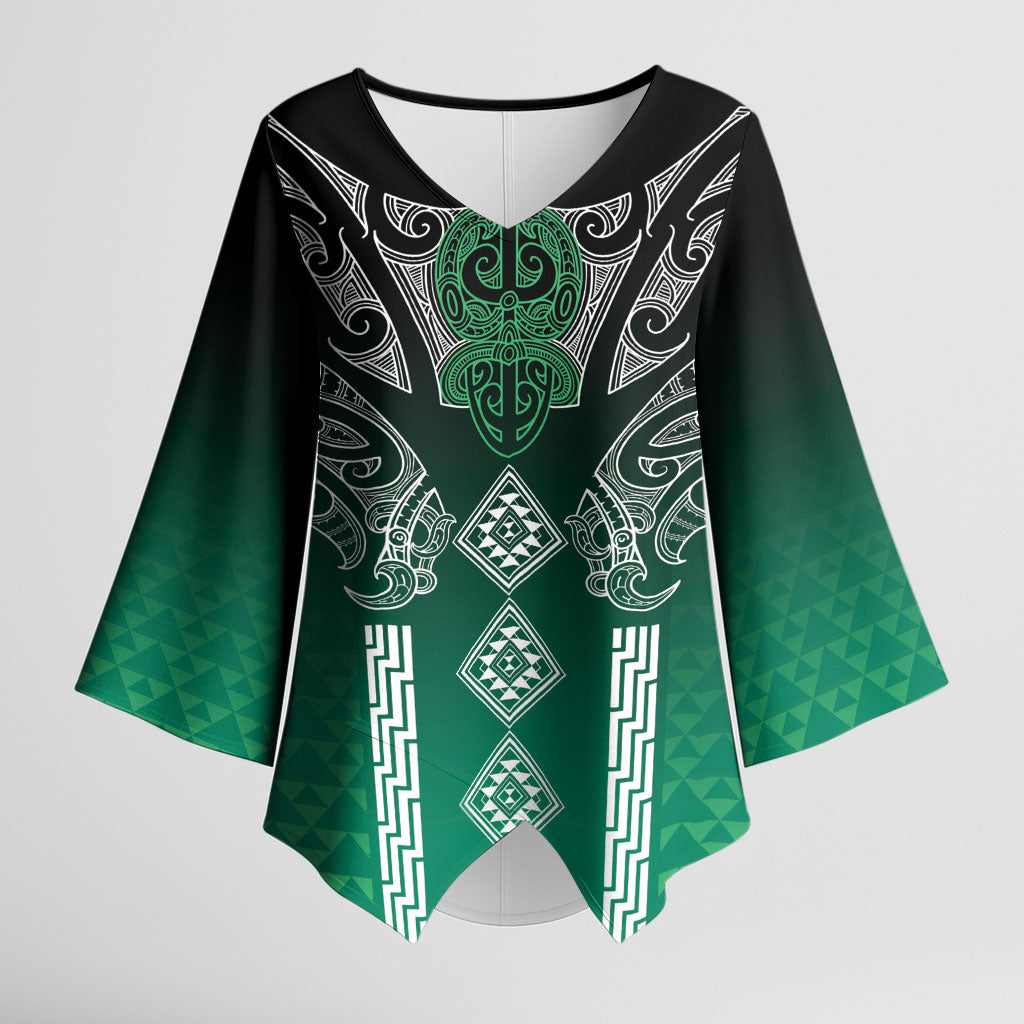 Aotearoa Maori Iwi Heritage Kimono Sleeve Blouse Ngai Tahu Pounamu Green