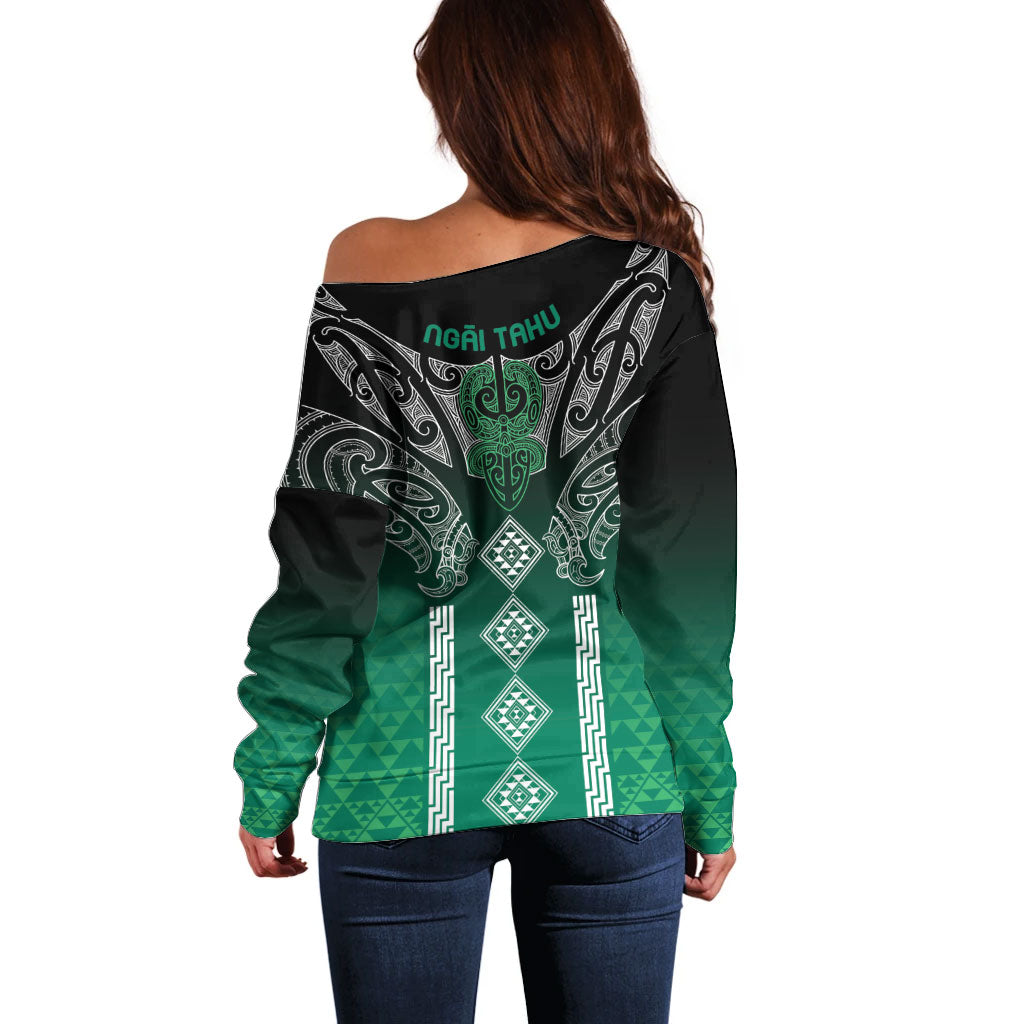 Aotearoa Maori Iwi Heritage Off Shoulder Sweater Ngai Tahu Pounamu Green LT7 - Polynesian Pride