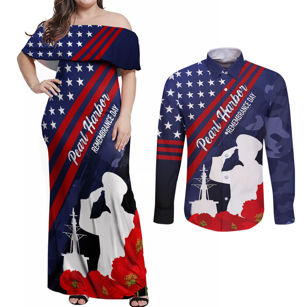 Pearl Harbor Remembrance Day Couples Matching Off Shoulder Maxi Dress and Long Sleeve Button Shirt Poppy Mix Style LT7 Navy Blue - Polynesian Pride