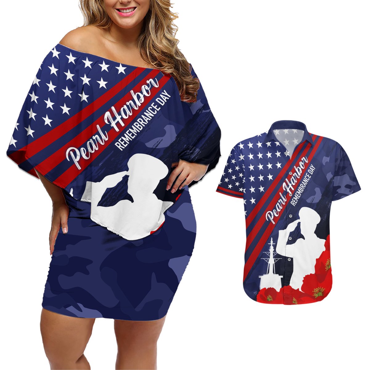 Pearl Harbor Remembrance Day Couples Matching Off Shoulder Short Dress and Hawaiian Shirt Poppy Mix Style LT7 Navy Blue - Polynesian Pride