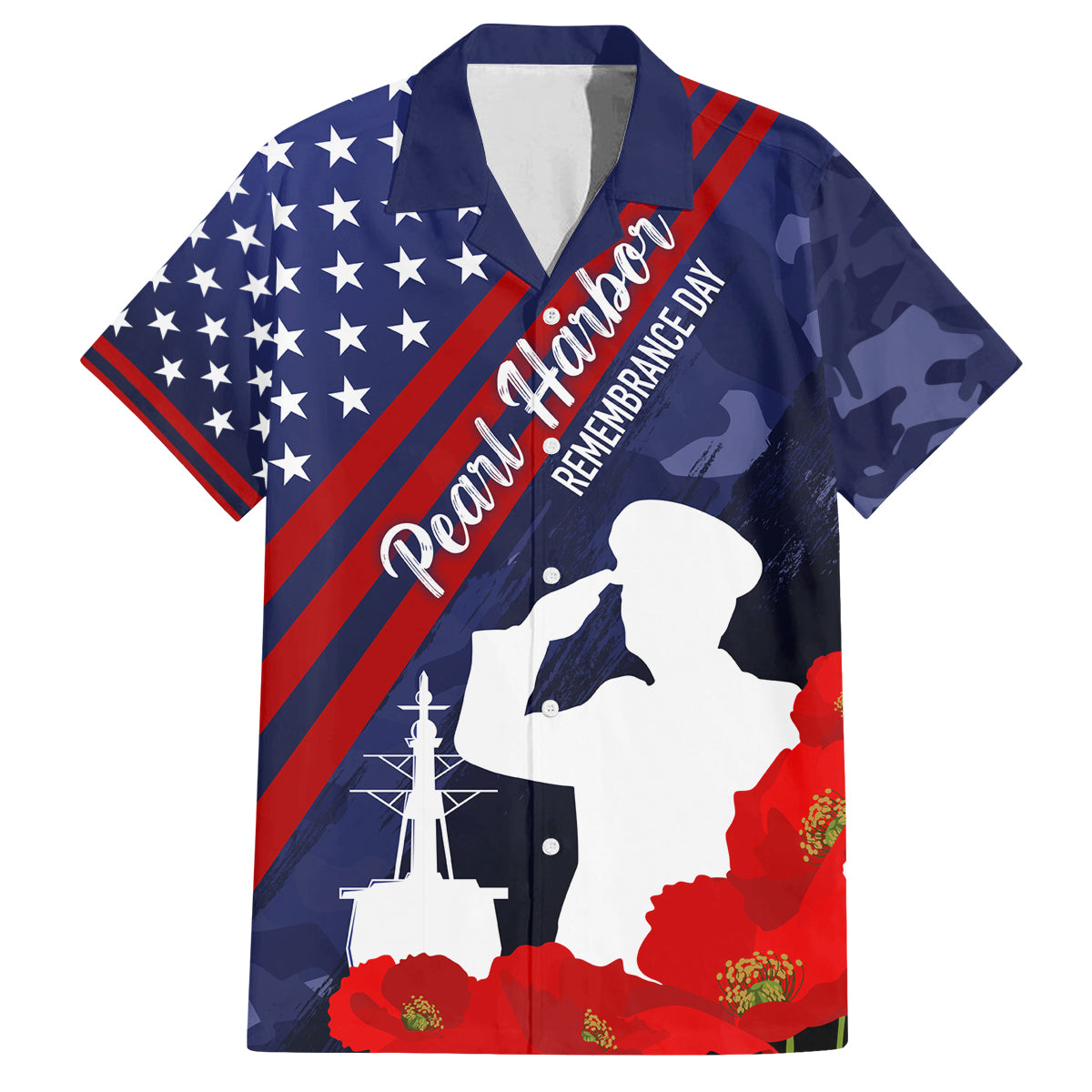 Pearl Harbor Remembrance Day Family Matching Long Sleeve Bodycon Dress and Hawaiian Shirt Poppy Mix Style LT7 Dad's Shirt - Short Sleeve Navy Blue - Polynesian Pride
