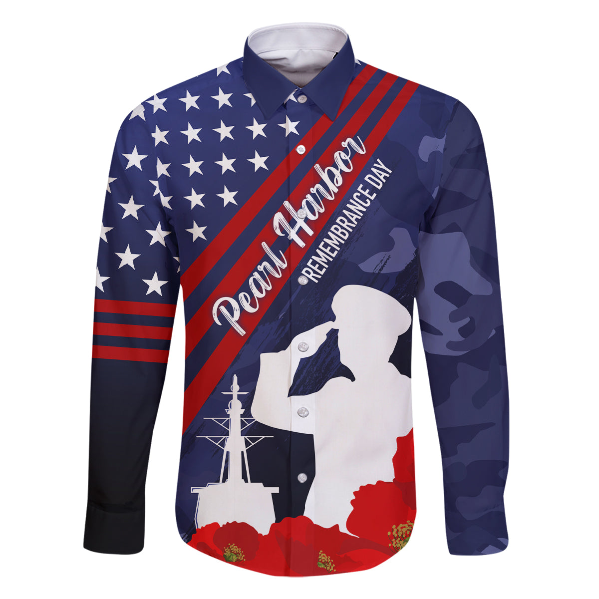 Pearl Harbor Remembrance Day Family Matching Mermaid Dress and Hawaiian Shirt Poppy Mix Style LT7 Dad's Shirt - Long Sleeve Navy Blue - Polynesian Pride