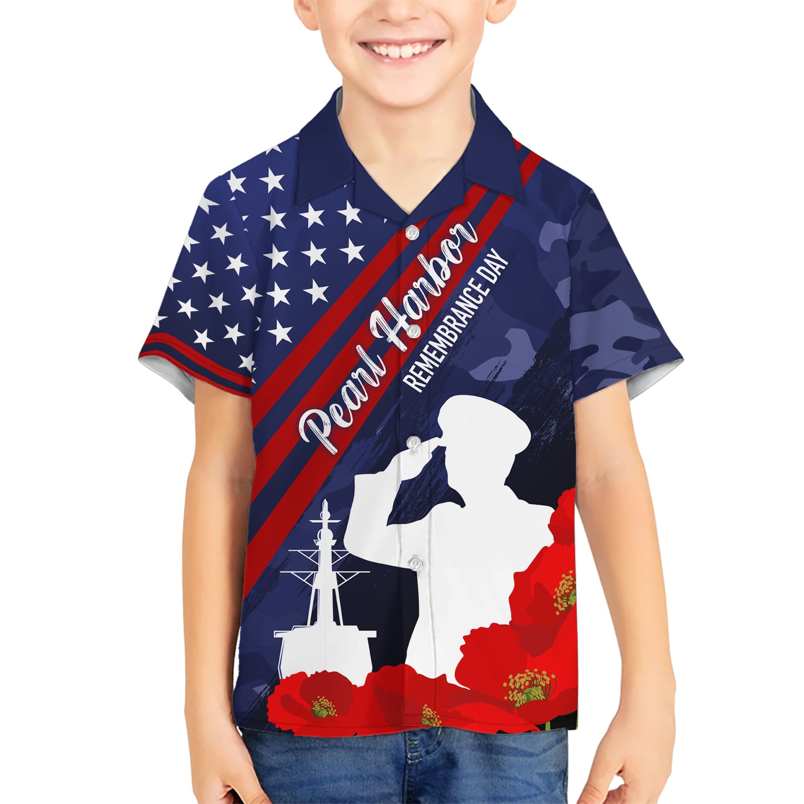 Pearl Harbor Remembrance Day Kid Hawaiian Shirt Poppy Mix Style LT7 Kid Navy Blue - Polynesian Pride