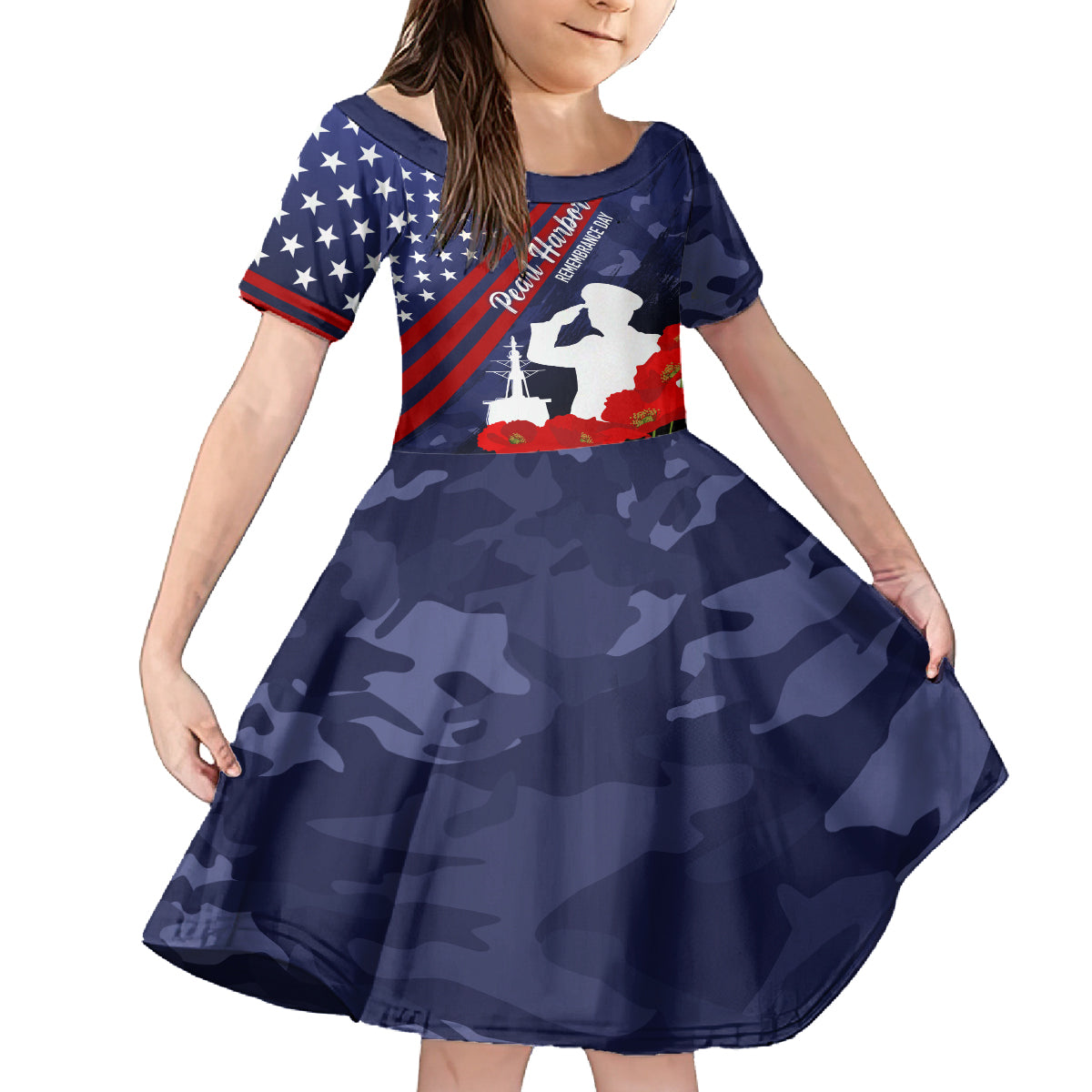 Pearl Harbor Remembrance Day Kid Short Sleeve Dress Poppy Mix Style LT7 KID Navy Blue - Polynesian Pride