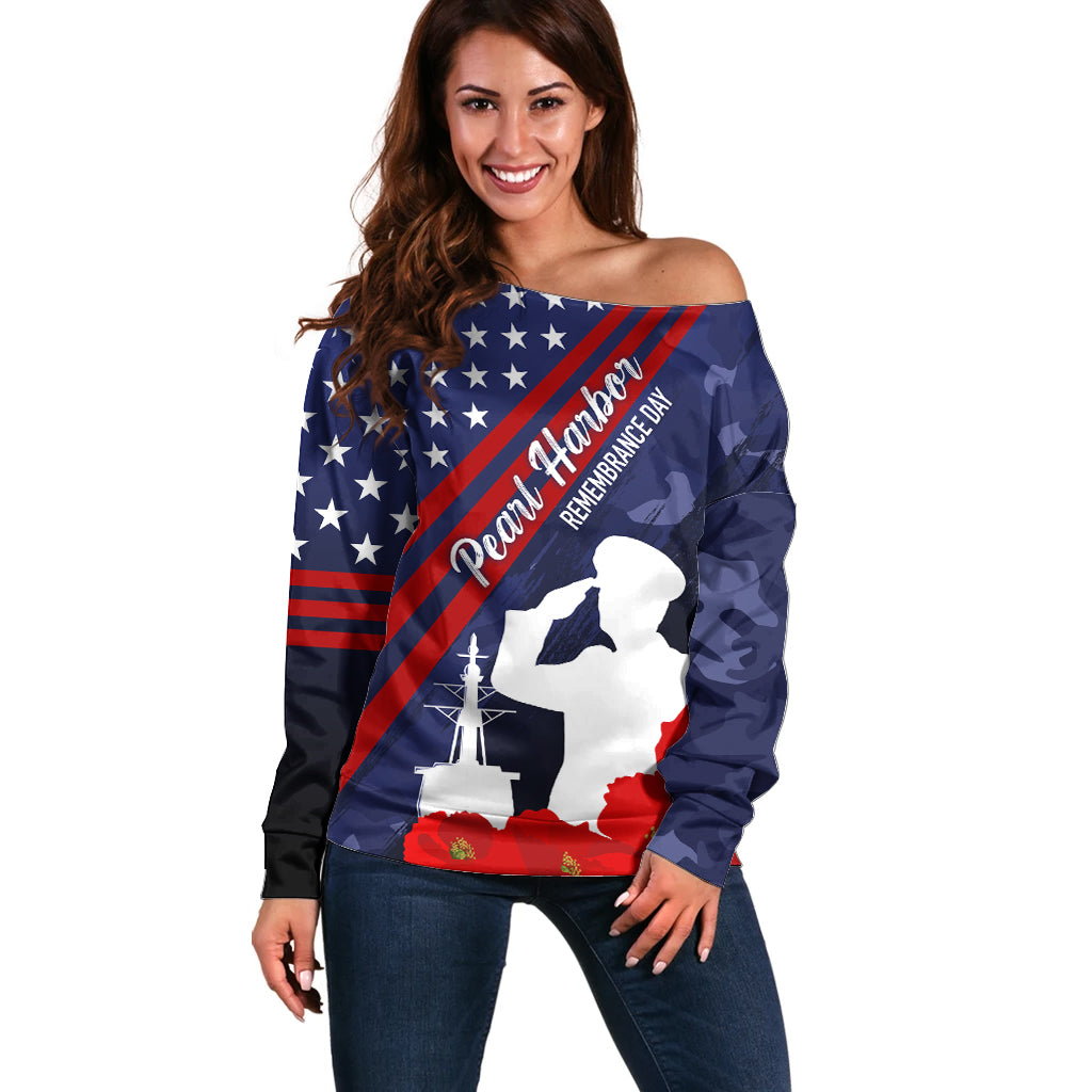 Pearl Harbor Remembrance Day Off Shoulder Sweater Poppy Mix Style LT7 Women Navy Blue - Polynesian Pride