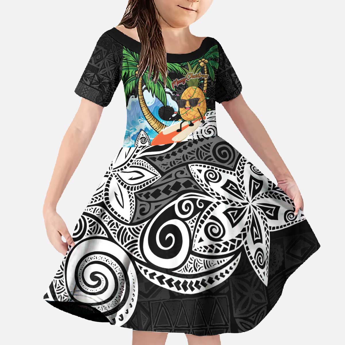Tropical Christmas Polynesian Family Matching Off The Shoulder Long Sleeve Dress and Hawaiian Shirt Funny Surfing Pineapple LT7 Daughter's Dress Black - Polynesian Pride