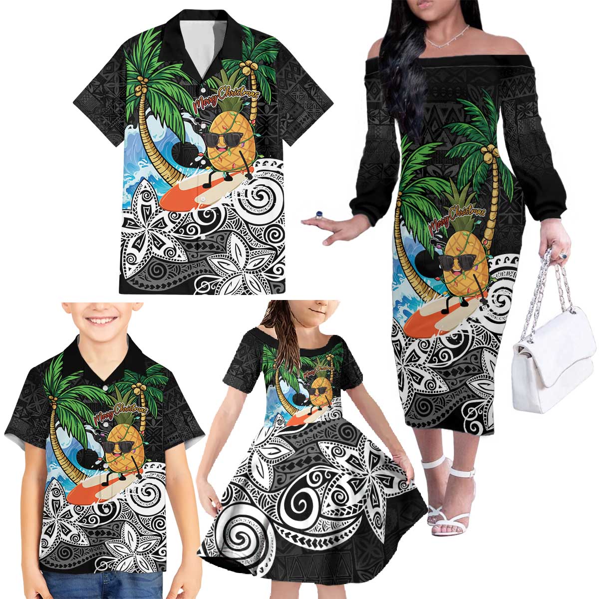 Tropical Christmas Polynesian Family Matching Off The Shoulder Long Sleeve Dress and Hawaiian Shirt Funny Surfing Pineapple LT7 - Polynesian Pride