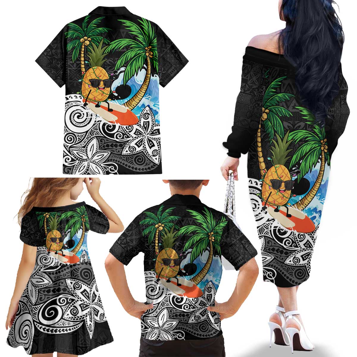 Tropical Christmas Polynesian Family Matching Off The Shoulder Long Sleeve Dress and Hawaiian Shirt Funny Surfing Pineapple LT7 - Polynesian Pride