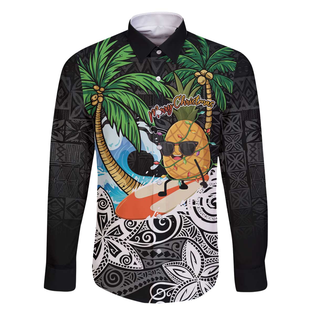 Tropical Christmas Polynesian Family Matching Off The Shoulder Long Sleeve Dress and Hawaiian Shirt Funny Surfing Pineapple LT7 Dad's Shirt - Long Sleeve Black - Polynesian Pride