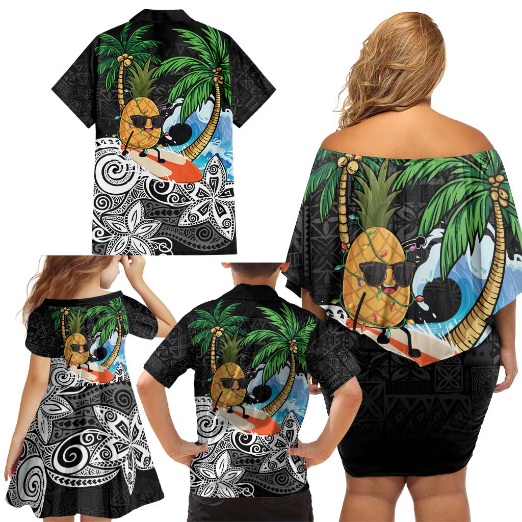 Tropical Christmas Polynesian Family Matching Off Shoulder Short Dress and Hawaiian Shirt Funny Surfing Pineapple