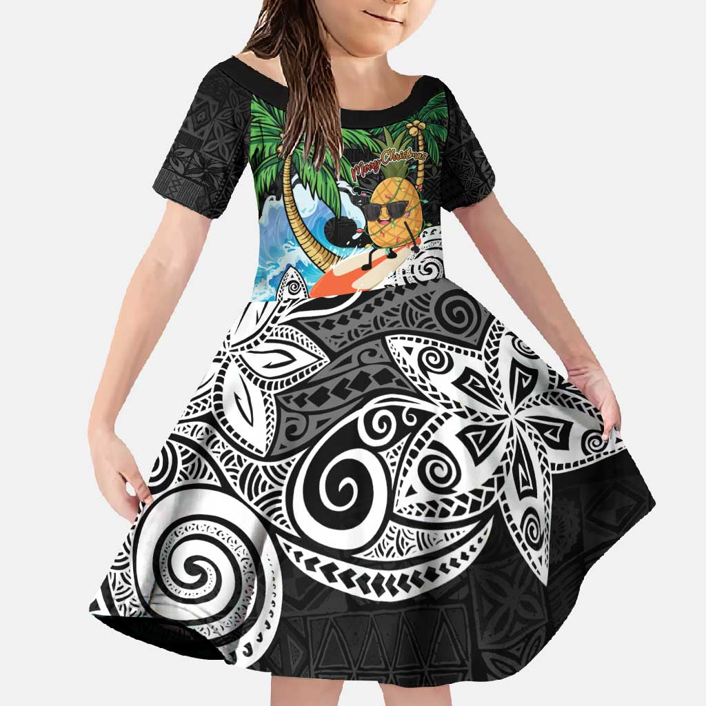 Tropical Christmas Polynesian Family Matching Tank Maxi Dress and Hawaiian Shirt Funny Surfing Pineapple LT7 Daughter's Dress Black - Polynesian Pride