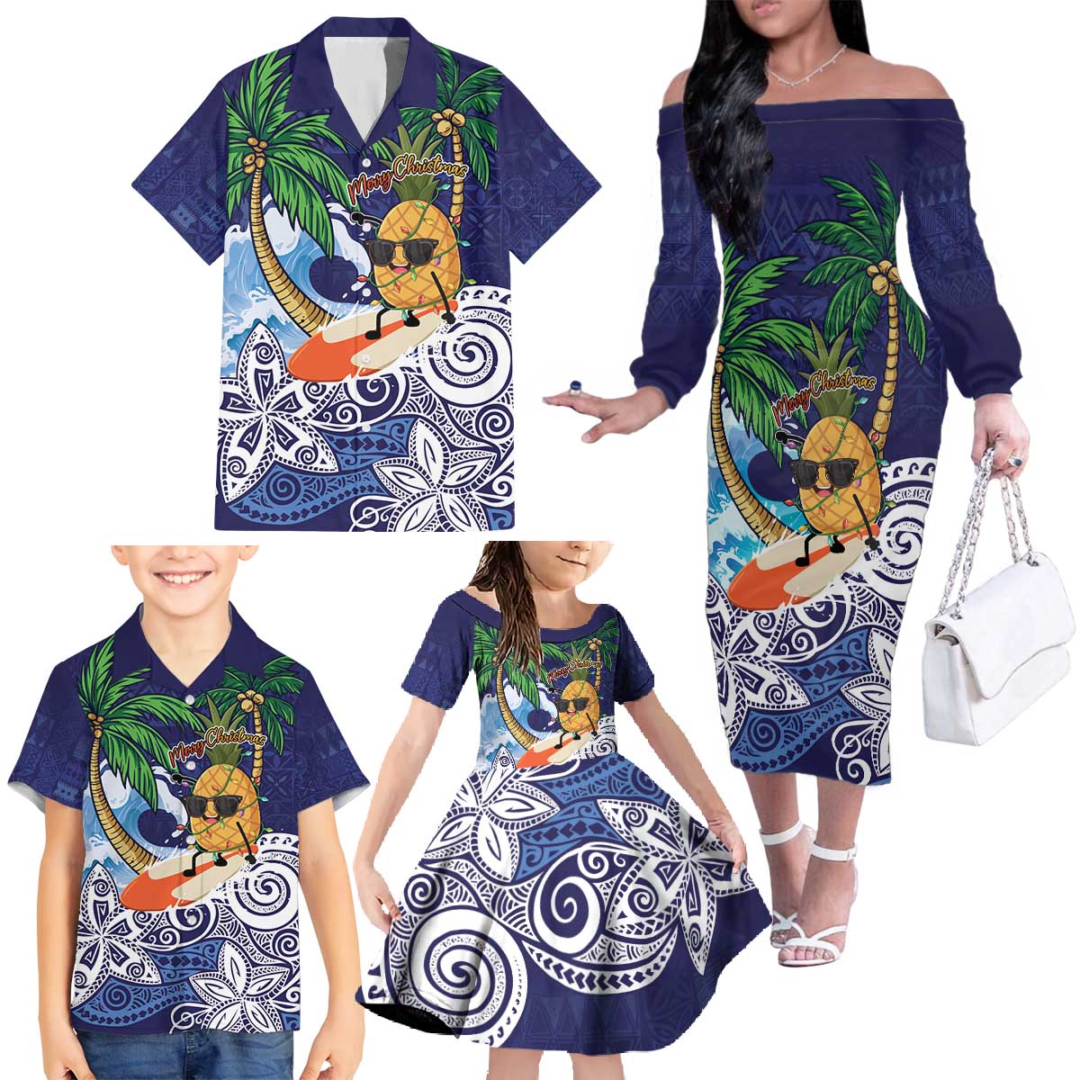 Tropical Christmas Polynesian Family Matching Off The Shoulder Long Sleeve Dress and Hawaiian Shirt Funny Surfing Pineapple Blue LT7 - Polynesian Pride