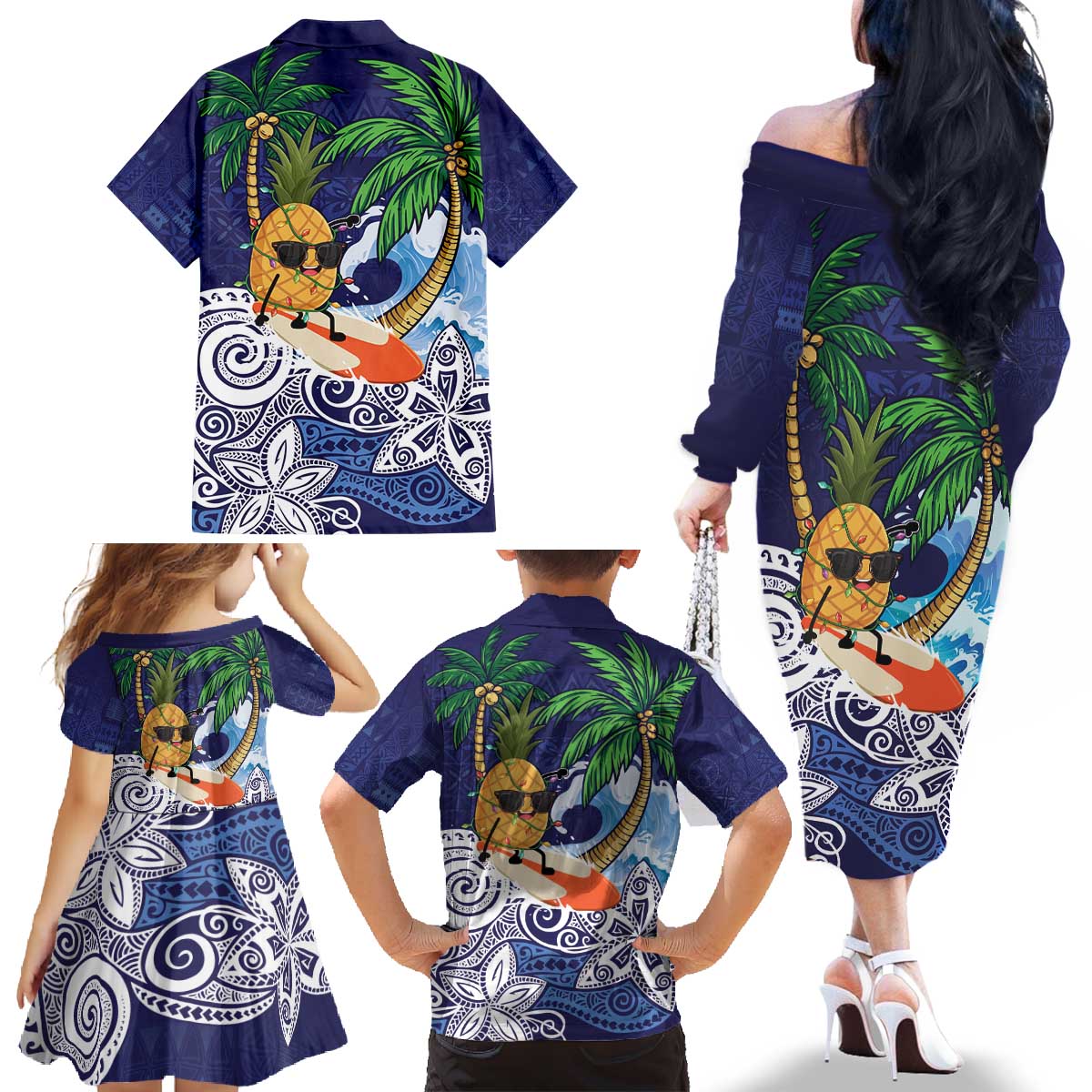 Tropical Christmas Polynesian Family Matching Off The Shoulder Long Sleeve Dress and Hawaiian Shirt Funny Surfing Pineapple Blue LT7 - Polynesian Pride