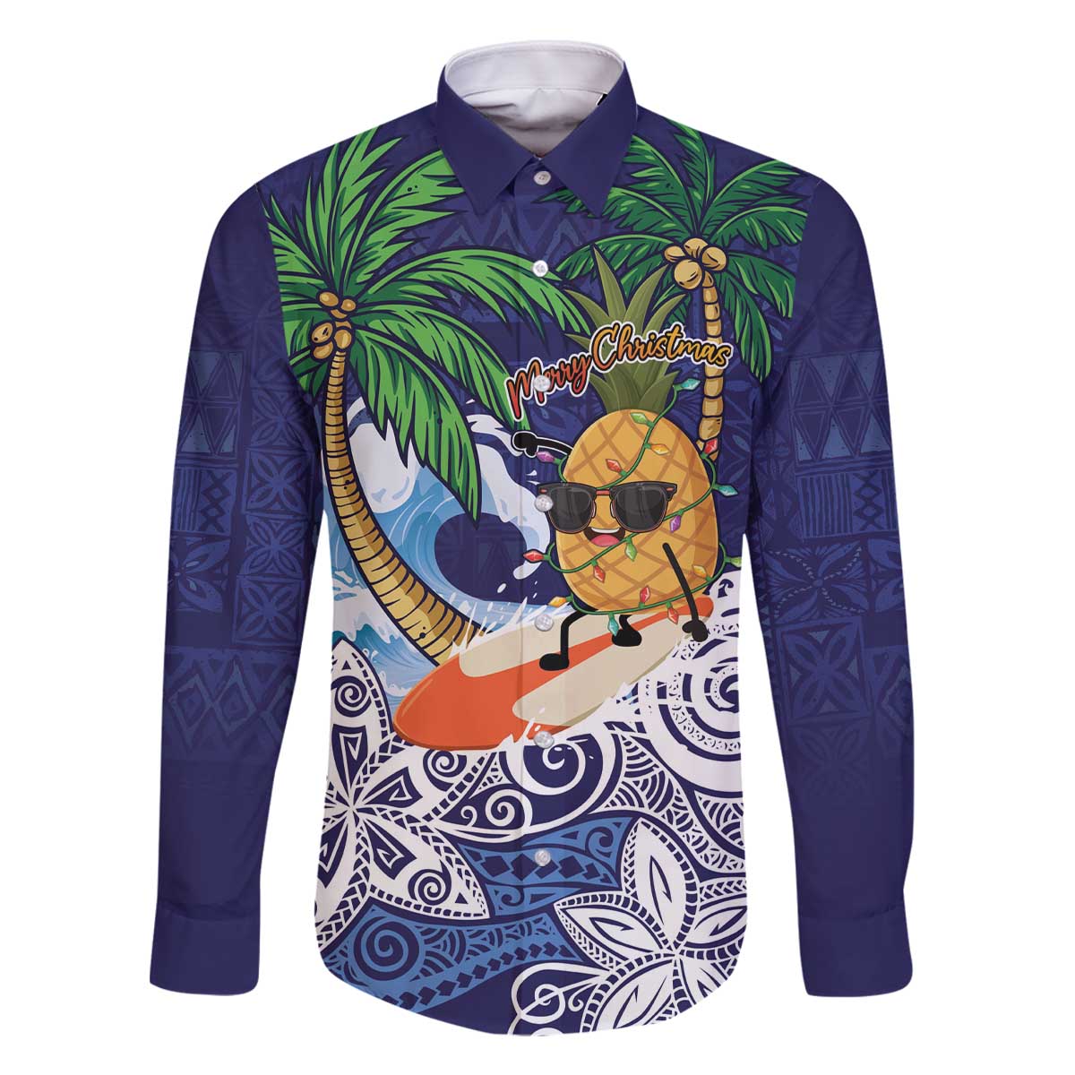 Tropical Christmas Polynesian Family Matching Off The Shoulder Long Sleeve Dress and Hawaiian Shirt Funny Surfing Pineapple Blue LT7 Dad's Shirt - Long Sleeve Blue - Polynesian Pride
