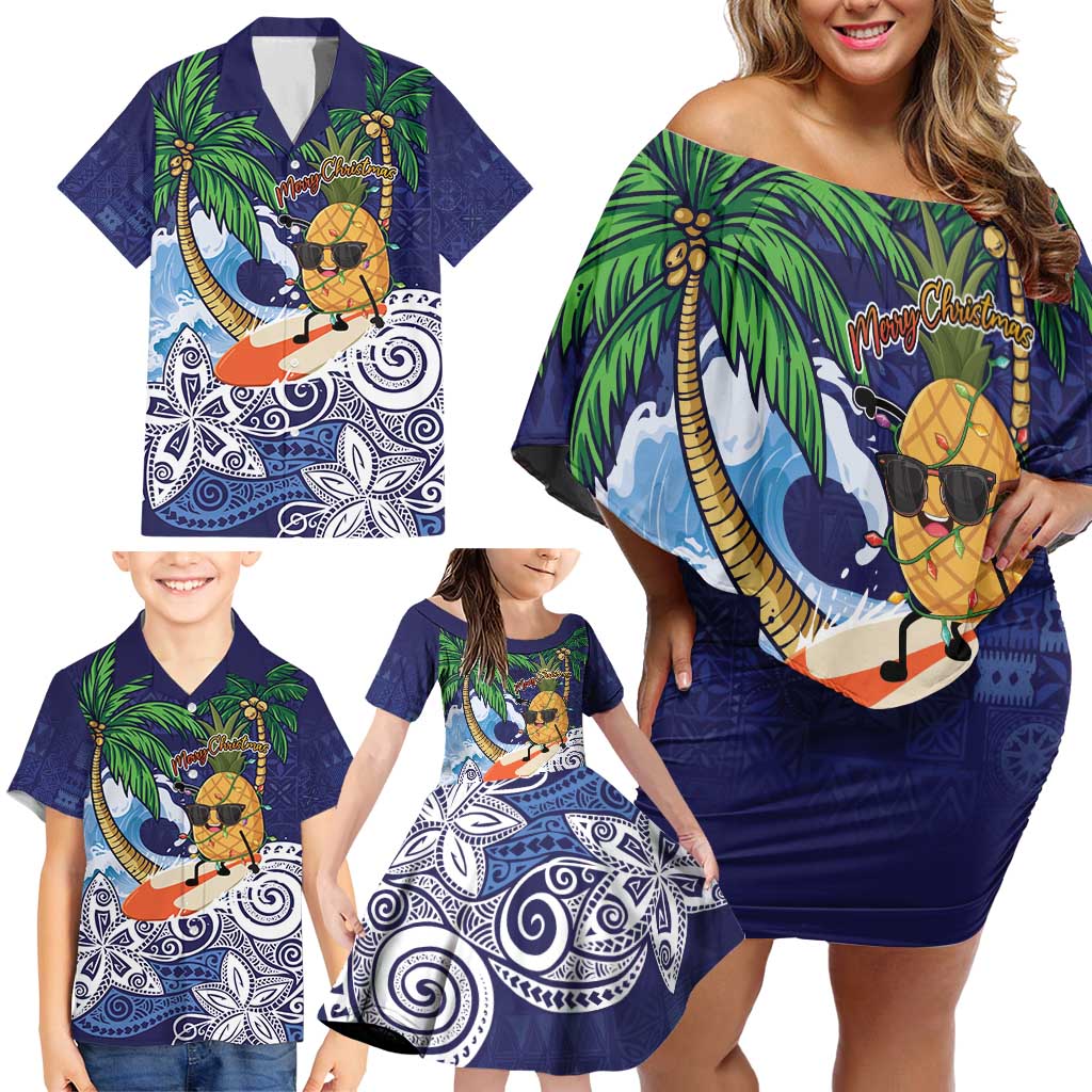 Tropical Christmas Polynesian Family Matching Off Shoulder Short Dress and Hawaiian Shirt Funny Surfing Pineapple Blue LT7 - Polynesian Pride