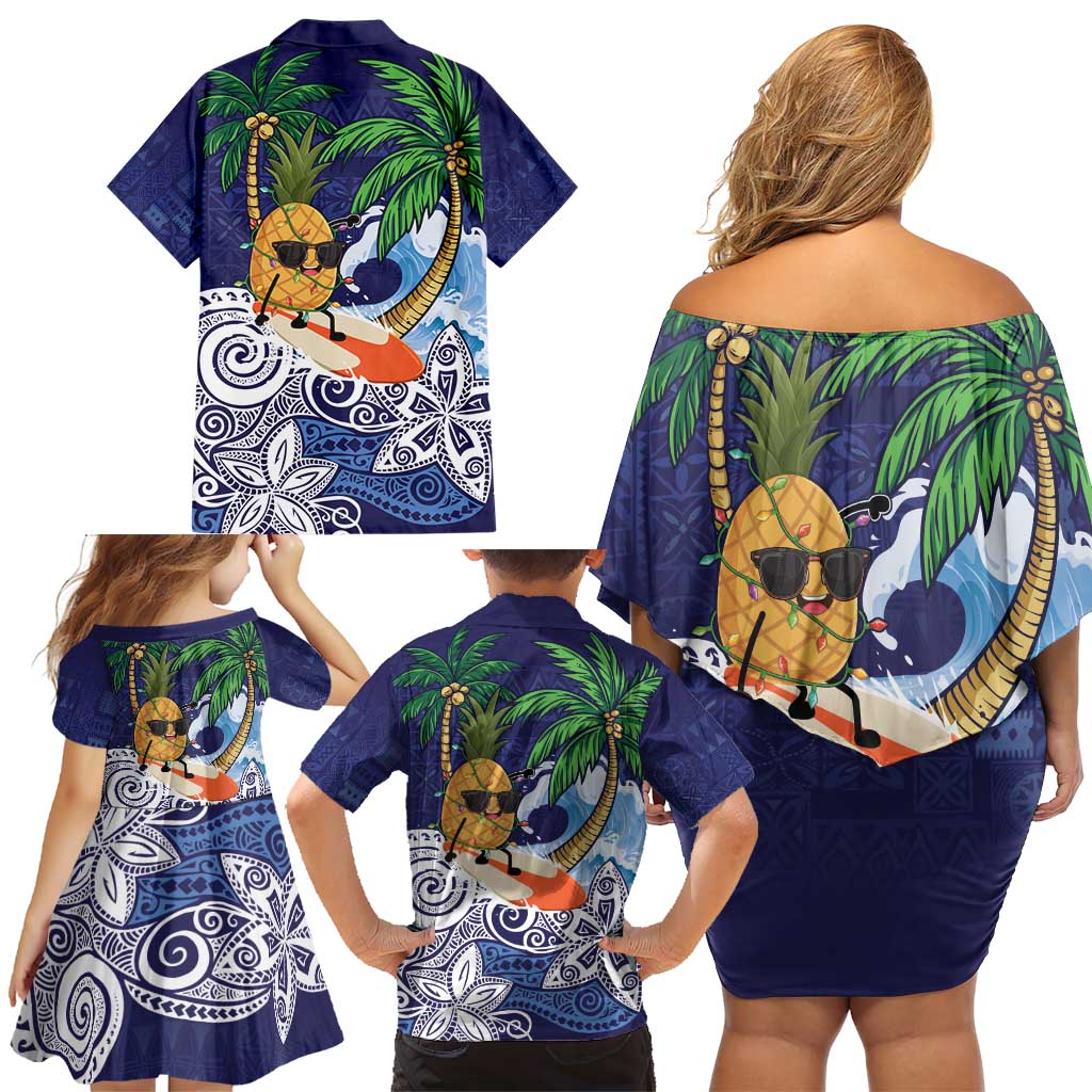Tropical Christmas Polynesian Family Matching Off Shoulder Short Dress and Hawaiian Shirt Funny Surfing Pineapple Blue LT7 - Polynesian Pride