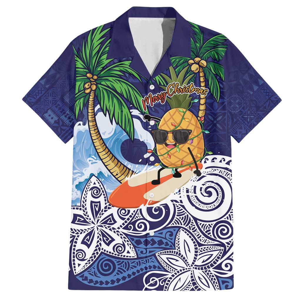 Tropical Christmas Polynesian Family Matching Off Shoulder Short Dress and Hawaiian Shirt Funny Surfing Pineapple Blue LT7 Dad's Shirt - Short Sleeve Blue - Polynesian Pride