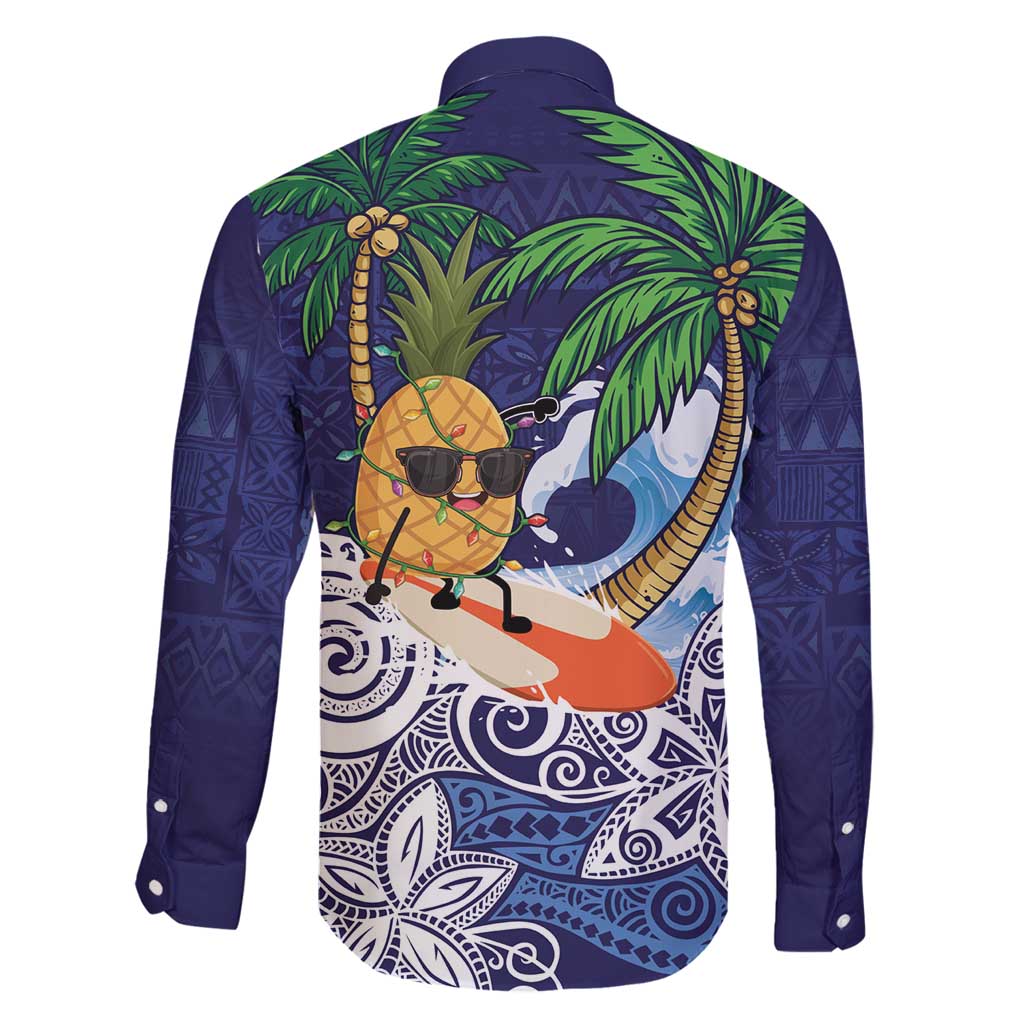 Tropical Christmas Polynesian Family Matching Off Shoulder Short Dress and Hawaiian Shirt Funny Surfing Pineapple Blue LT7 - Polynesian Pride