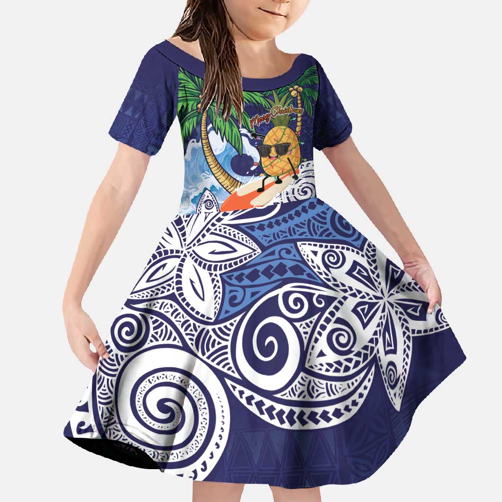 Tropical Christmas Polynesian Family Matching Tank Maxi Dress and Hawaiian Shirt Funny Surfing Pineapple Blue LT7 Daughter's Dress Blue - Polynesian Pride