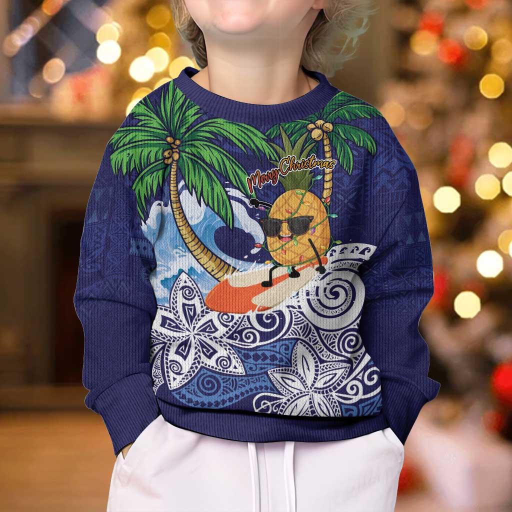 Tropical Christmas Polynesian Kid Ugly Christmas Sweater Funny Surfing Pineapple Blue