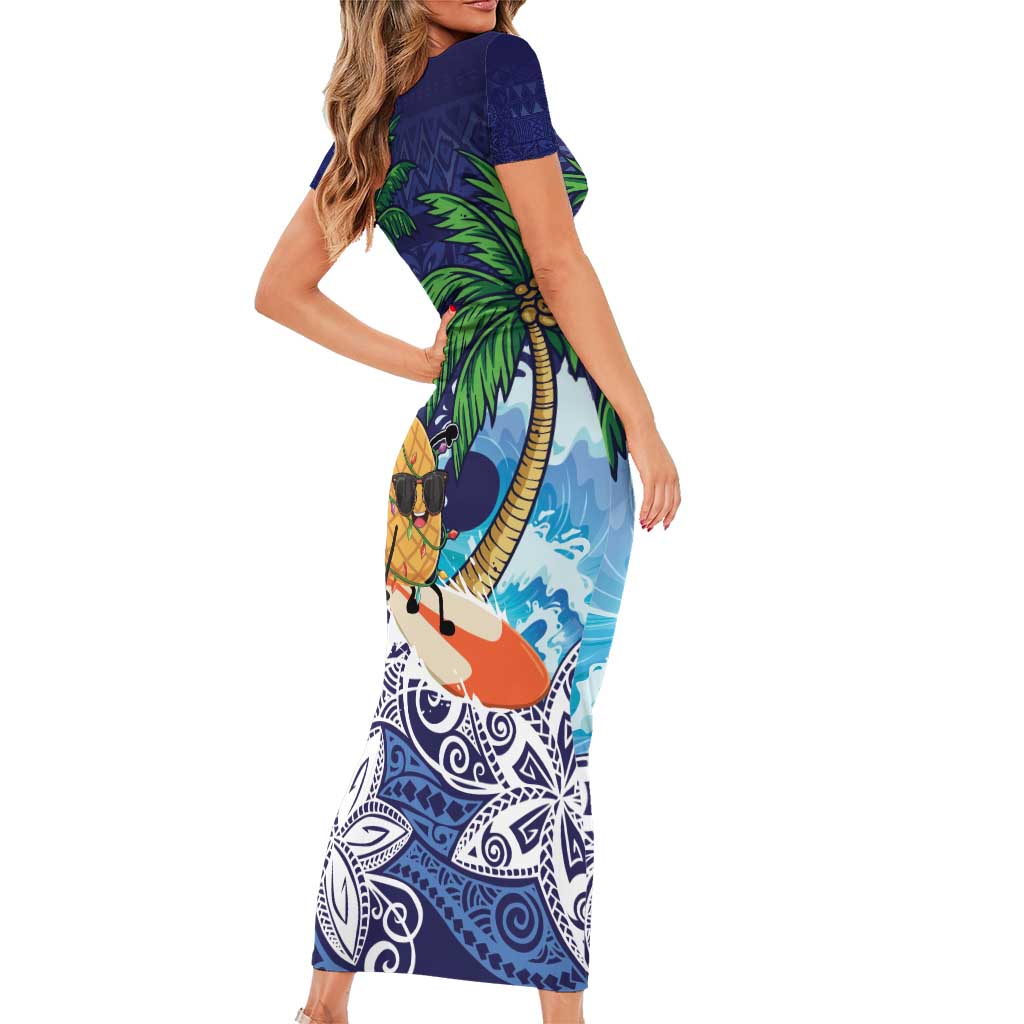 Tropical Christmas Polynesian Short Sleeve Bodycon Dress Funny Surfing Pineapple Blue LT7 - Polynesian Pride
